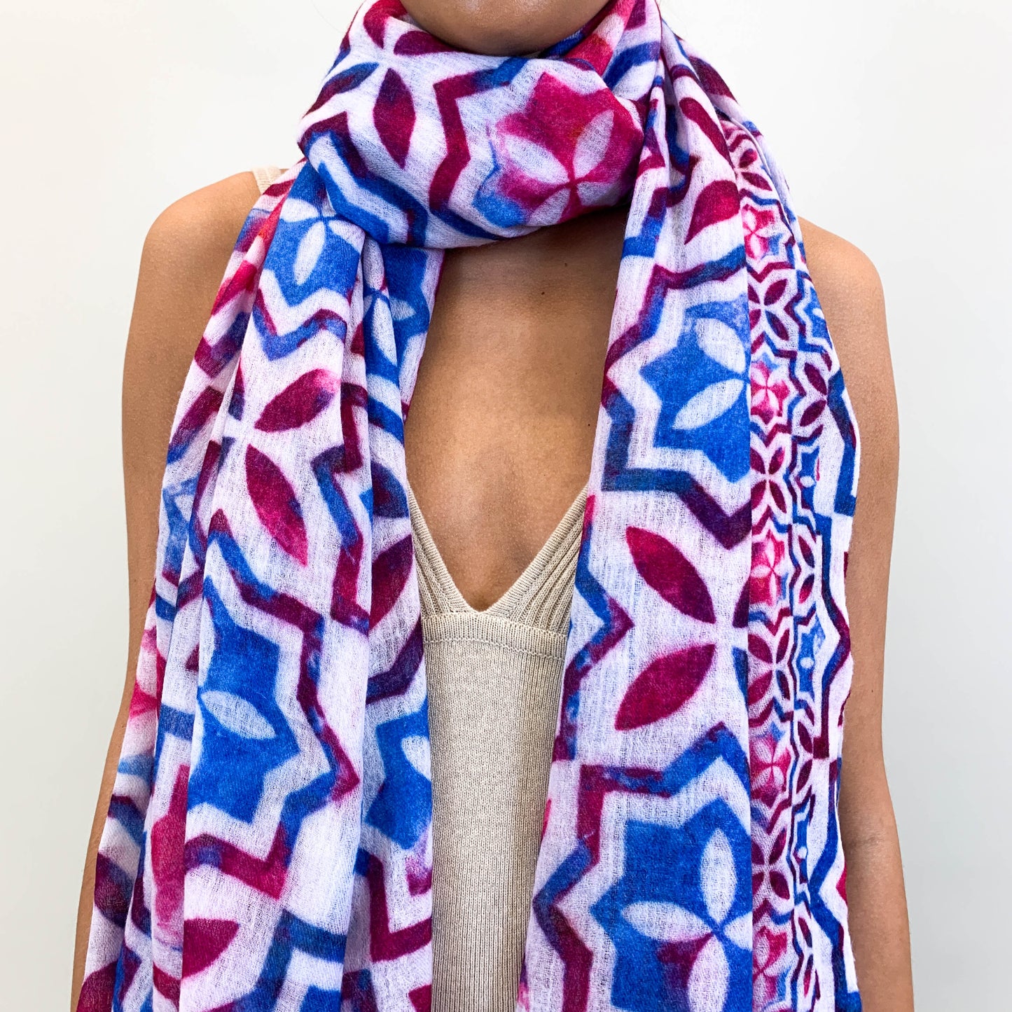 "NIZZA" HAND FELTED & HANDPRINTED SCARF – PINK BLUE